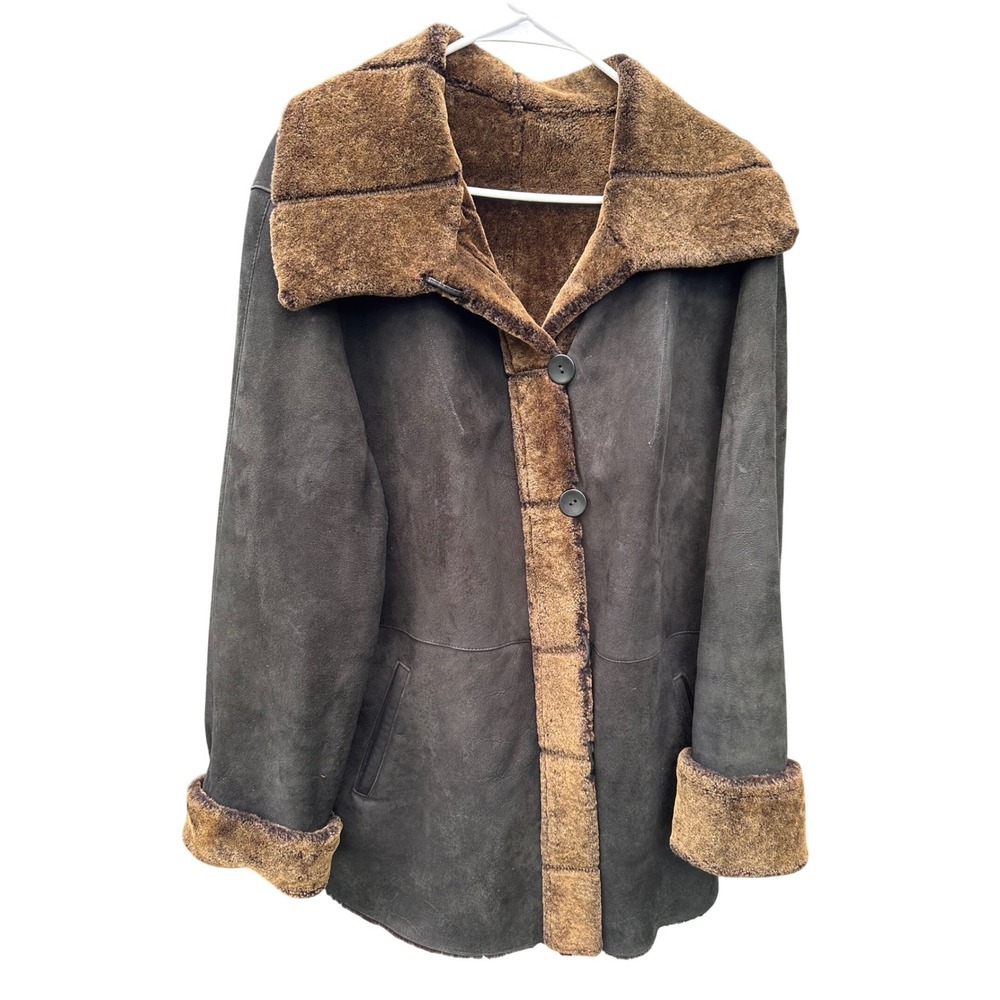Blue Duck Genuine Sheepskin Shearling Coat Brown Suede Fur Lined XL Made in USA